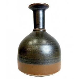 Vintage Studio Pottery Vase Signed Stoneware Brown Black Glaze Handmade